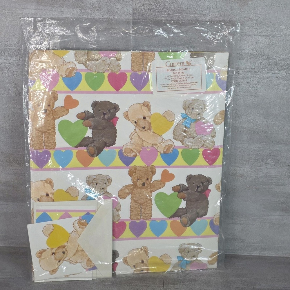 VTG 1987 Current Inc "Bears & Hearts" Gift Wrap Package Set Sheet+Envelopes NOS